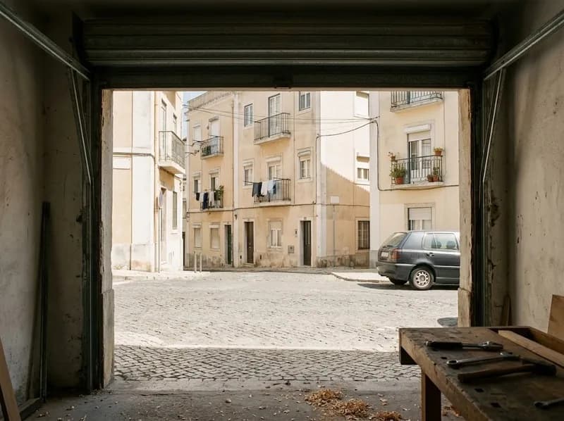 O portão aberto da oficina para uma rua tranquila da Amadora