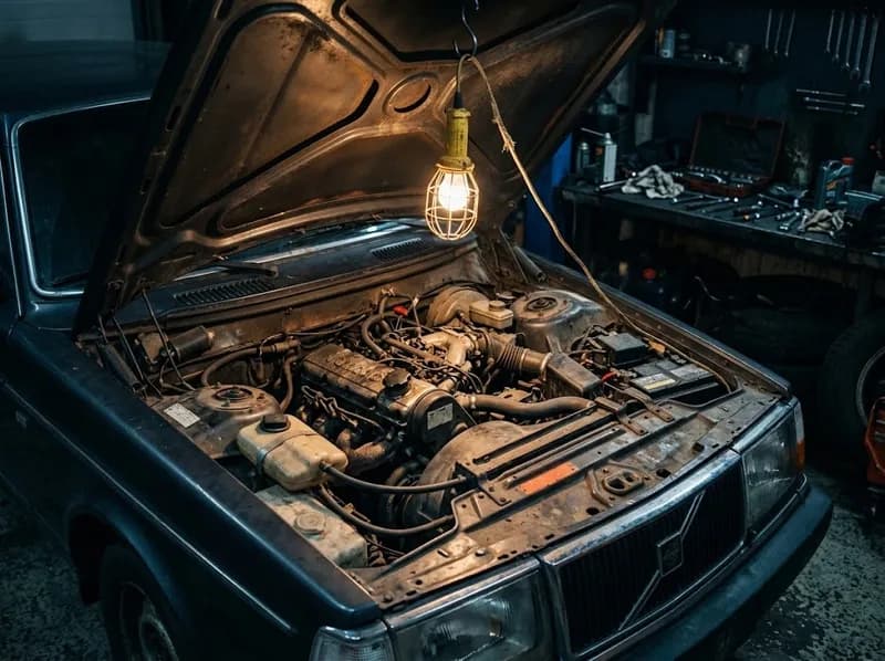 Motor aberto iluminado por uma lanterna de oficina